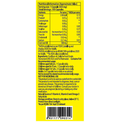 Seacod Cod Fish Liver Oil Softgel Capsules With Natural Omega 3, Natural EPA & DHA |Vitamin D & A | For Immune Health, Healthy Heart, Brain, Eyes, Joints & Muscles