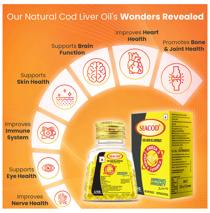 Seacod Cod Fish Liver Oil Softgel Capsules With Natural Omega 3, Natural EPA & DHA |Vitamin D & A | For Immune Health, Healthy Heart, Brain, Eyes, Joints & Muscles