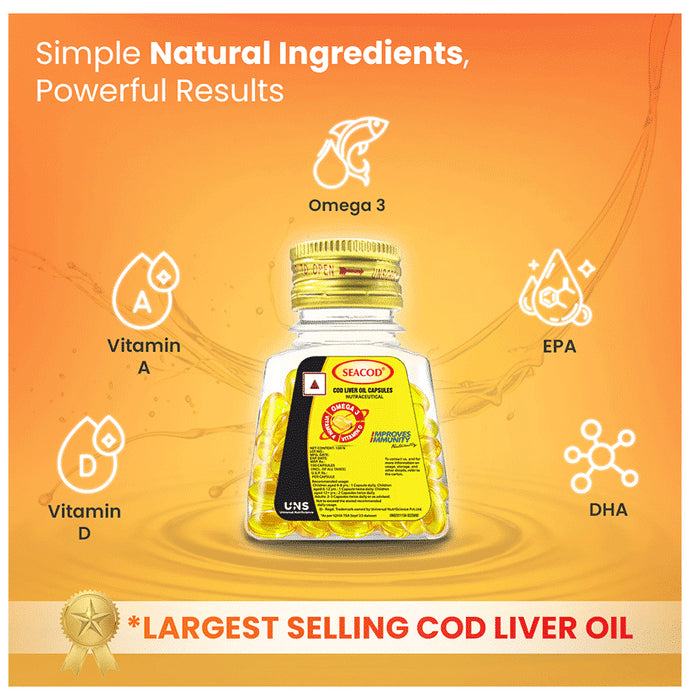 Seacod Cod Fish Liver Oil Softgel Capsules With Natural Omega 3, Natural EPA & DHA |Vitamin D & A | For Immune Health, Healthy Heart, Brain, Eyes, Joints & Muscles