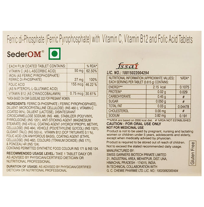 SederOM Tablet with Ferric Phosphate, Vitamin C & B12, Curcuma Longa & Folic Acid