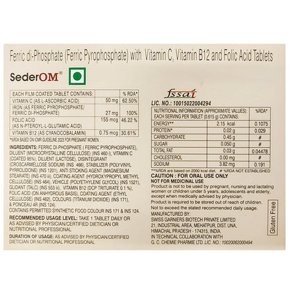 SederOM Tablet with Ferric Phosphate, Vitamin C & B12, Curcuma Longa & Folic Acid