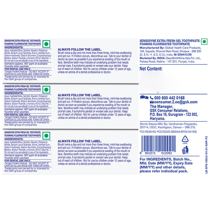 Sensodyne Extra Fresh Gel Toothpaste (75gm Each)