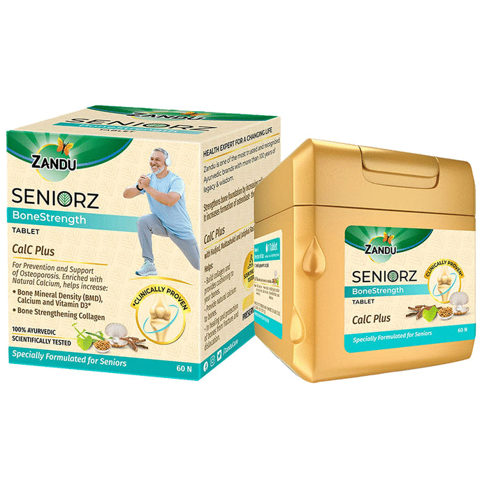 Zandu Seniorz Bone Strength Tablet | 100% Ayurvedic Supplement | Rich in Natural Calcium, Vitamin D3 | with Hadjod | Clinically Proven to Help Increase Bone Mineral Density & Collagen - Classic Derma