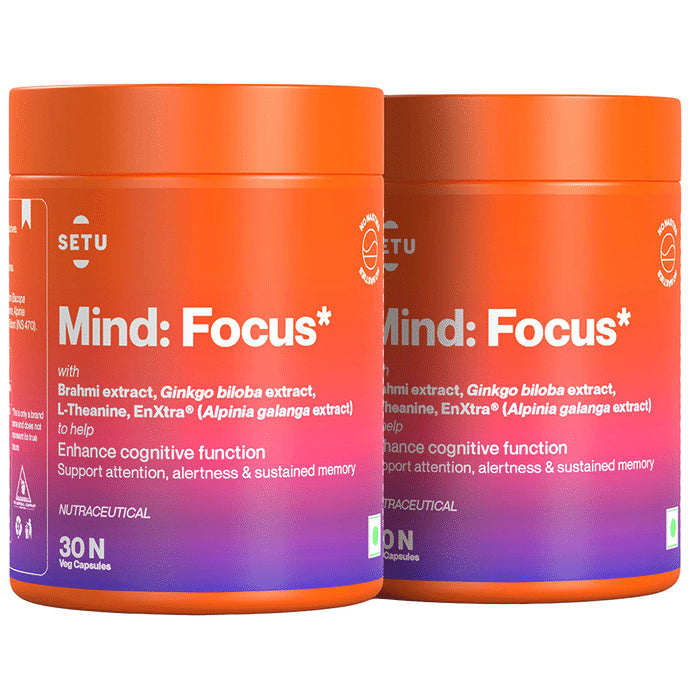 Setu Mind:Focus Veg Capsule with L-Theanine, Brahmi & Ginkgo Biloba (30 Each) - Classic Derma