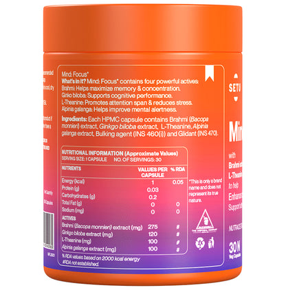 Setu Mind:Focus Veg Capsule with L-Theanine, Brahmi & Ginkgo Biloba (30 Each)