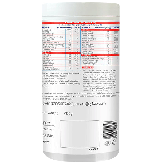 Gritzo Super Girl Milk Protein Height+ for 13+ Years Girls | With Calcium & Vitamin D3 | Flavour Double Chocolate