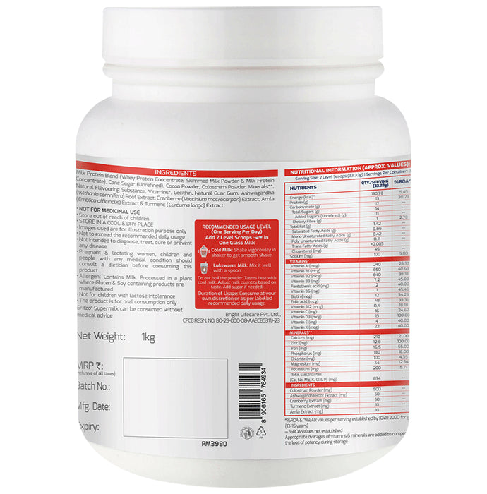 Gritzo Super Girl Milk Protein Height+ for 13+ Years Girls | With Calcium & Vitamin D3 | Flavour Double Chocolate