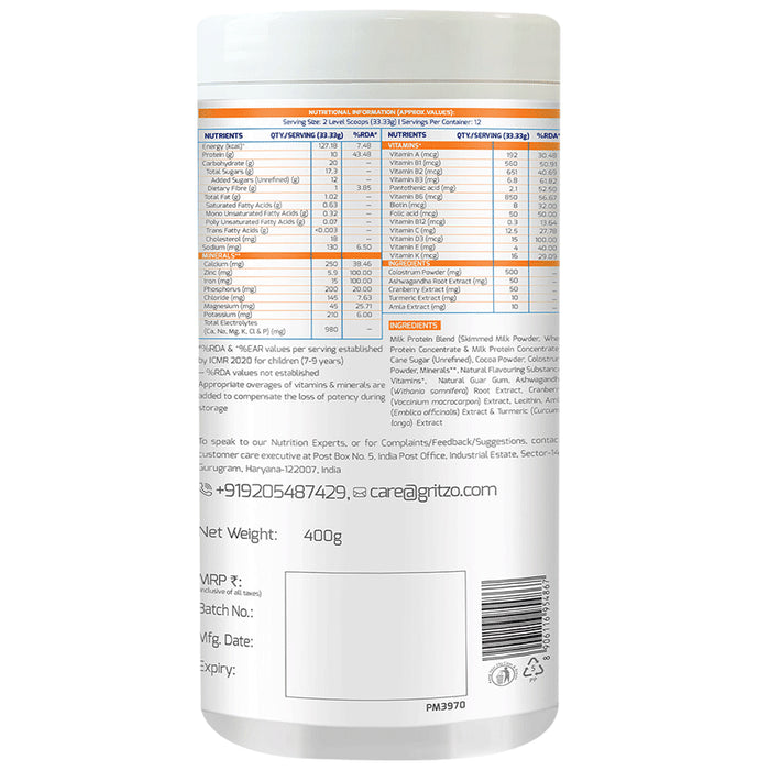 Gritzo Super Girl Milk Protein Height+ for 8 to 12 Years | With Calcium & Vitamin D3 | Flavour Double Chocolate