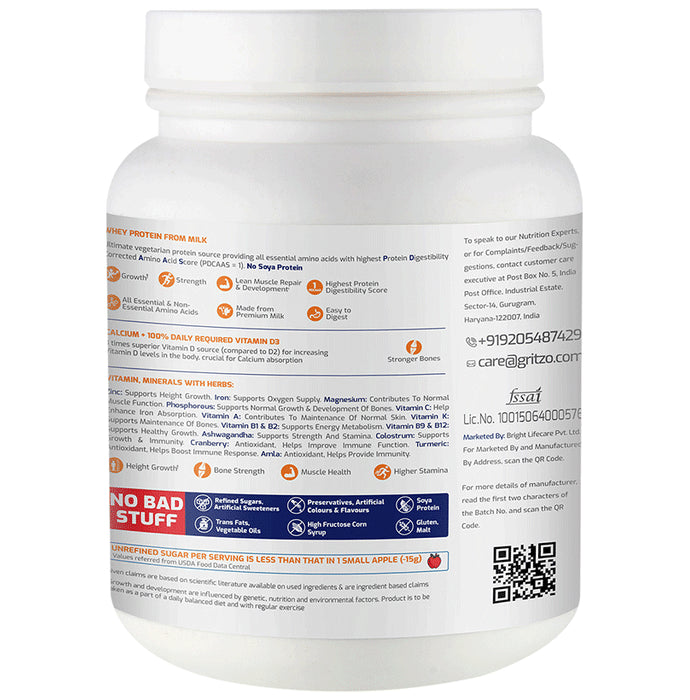 Gritzo Super Girl Milk Protein Height+ for 8 to 12 Years | With Calcium & Vitamin D3 | Flavour Double Chocolate