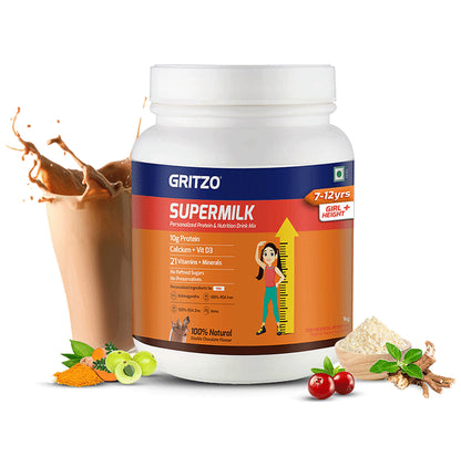 Gritzo Super Girl Milk Protein Height+ for 8 to 12 Years | With Calcium & Vitamin D3 | Flavour Double Chocolate