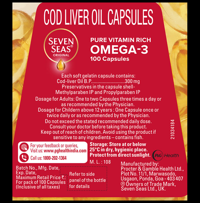 Seven Seas Original Cod-Liver Oil Capsule | For Brain, Bones, Eyes & Immunity | Source of Vitamins A, D, EPA & DHA | Nutrition Formula