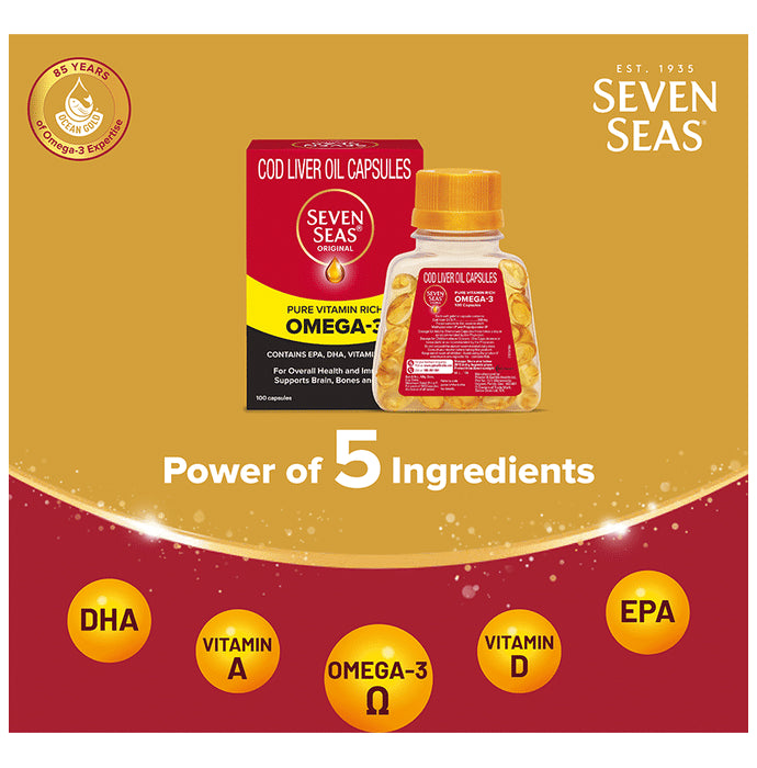 Seven Seas Original Cod-Liver Oil Capsule | For Brain, Bones, Eyes & Immunity | Source of Vitamins A, D, EPA & DHA | Nutrition Formula