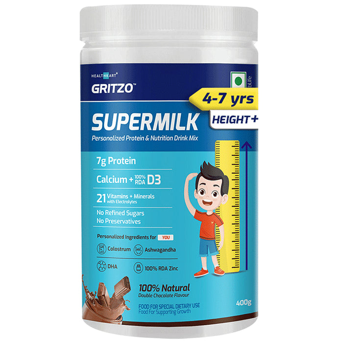 Gritzo Super Milk Protein Height+ for 4 to 7 Years | With Calcium & Vitamin D3 | Flavour Double Chocolate - Classic Derma