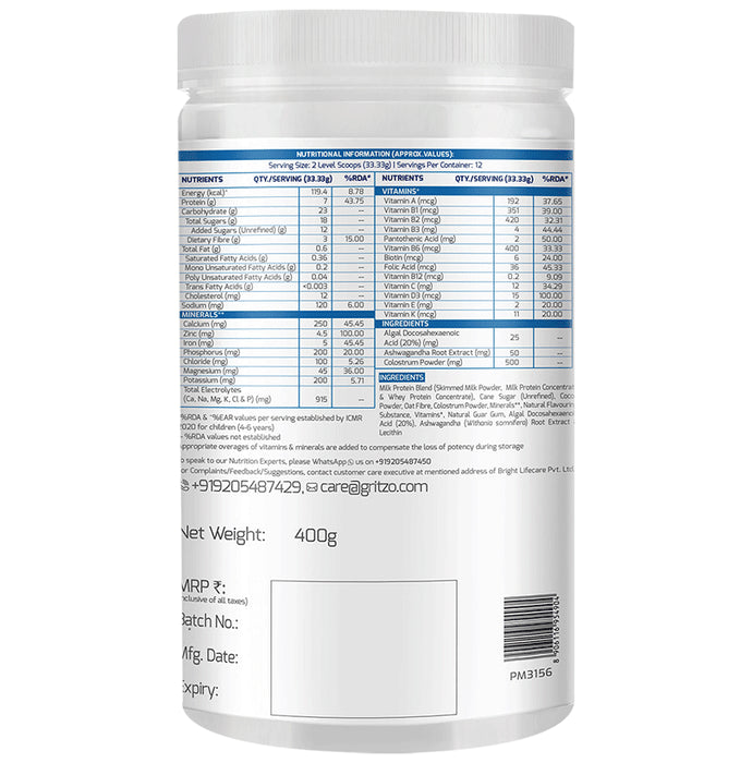 Gritzo Super Milk Protein Height+ for 4 to 7 Years | With Calcium & Vitamin D3 | Flavour Double Chocolate