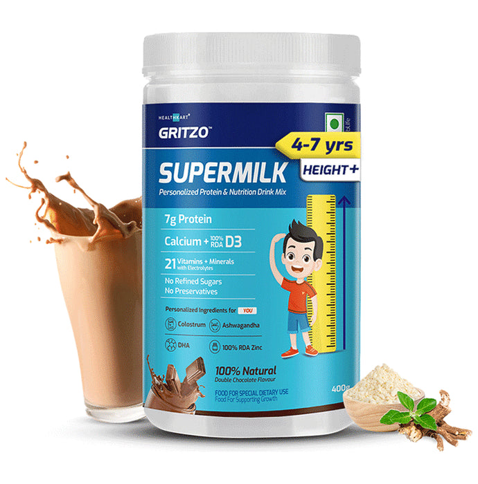 Gritzo Super Milk Protein Height+ for 4 to 7 Years | With Calcium & Vitamin D3 | Flavour Double Chocolate