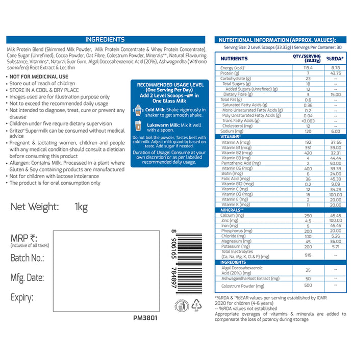 Gritzo Super Milk Protein Height+ for 4 to 7 Years | With Calcium & Vitamin D3 | Flavour Double Chocolate