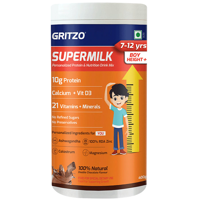 Gritzo SuperMilk Daily Nutrition 8-12 Yrs Boy Height+ Double Chocolate - Classic Derma