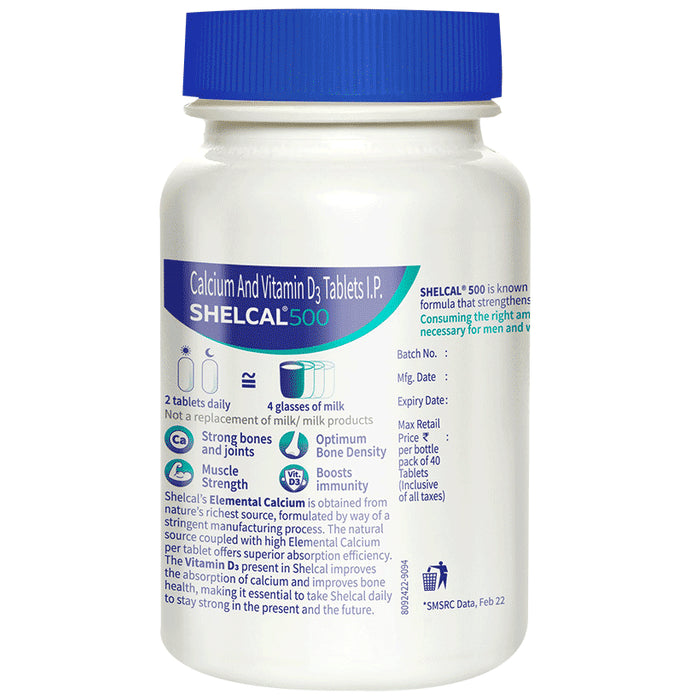 Shelcal 500 Calcium+Vitamin D3 Tablet | For Bones, Joints, Muscles Care | Supports Immunity | Daily Mineral Blend