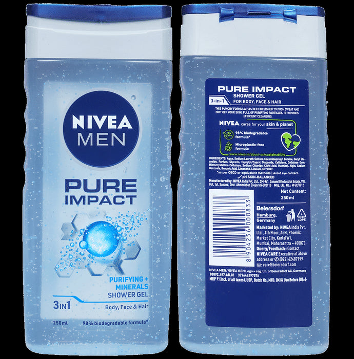 Nivea Men Shower Gel for Body, Skin & Hair | Pure Impact - Classic Derma