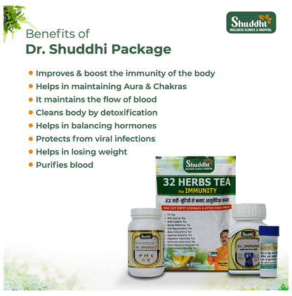 Shuddhi Ayurveda Dr. Shuddhi Package Combo Pack of Shuddhi Powder 100gm, Dr Immune 80 Tablet, 32 Herbs Tea 30gm and Shuddhi Karan 6 Tablet