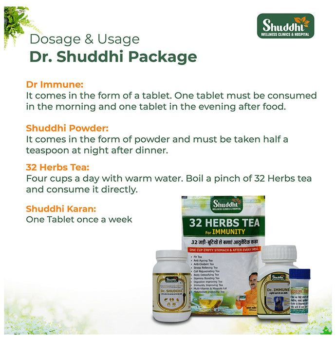 Shuddhi Ayurveda Dr. Shuddhi Package Combo Pack of Shuddhi Powder 100gm, Dr Immune 80 Tablet, 32 Herbs Tea 30gm and Shuddhi Karan 6 Tablet