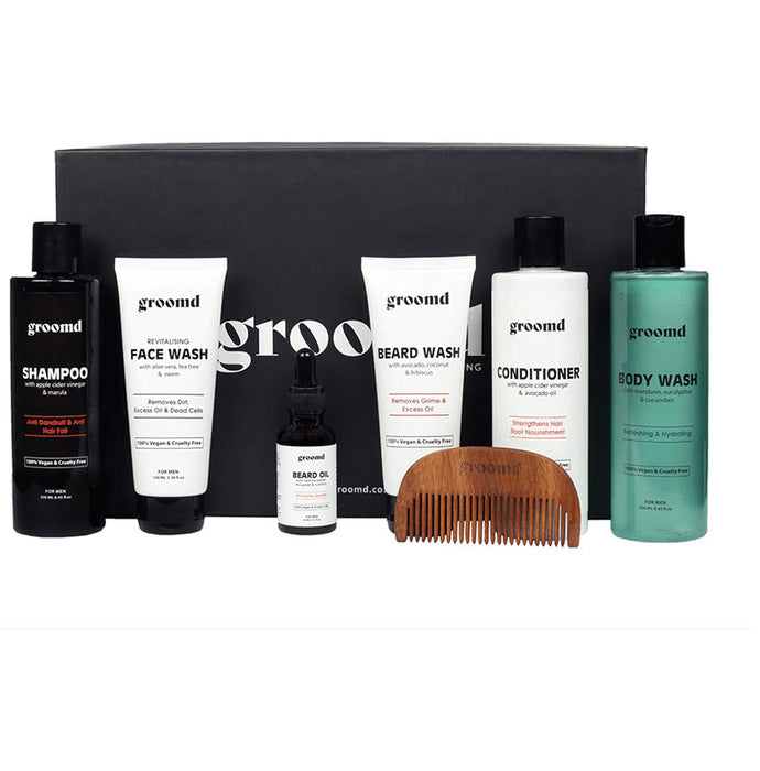 Groomd Combo Pack of Face Wash, Hair Shampoo, Hair Conditioner, Body Wash, Beard Growth Oil, Beard Wash & Comb for Men - Classic Derma