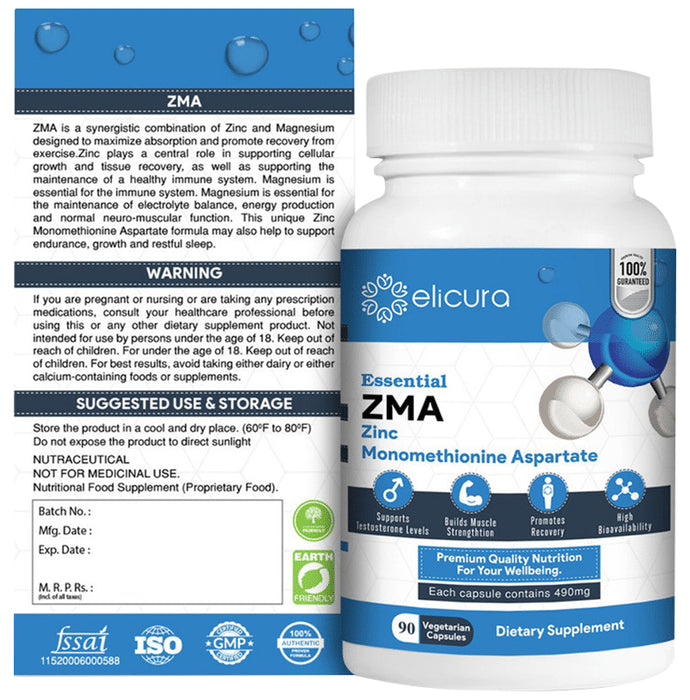 Elicura Essential ZMA Zinc Monomethionine Aspartate Vegetarian Capsule for Sleep & Muscle Recovery