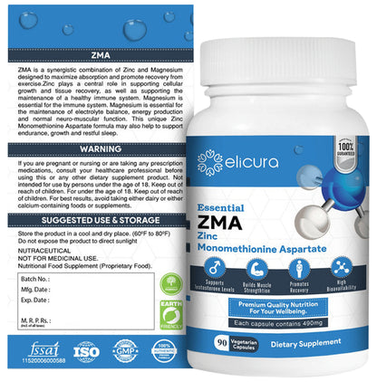 Elicura Essential ZMA Zinc Monomethionine Aspartate Vegetarian Capsule for Sleep & Muscle Recovery