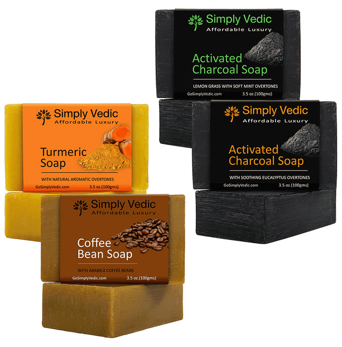 Simply Vedic Combo Pack of Soap 100gm Each ( Turmeric , Coffee Bean, Activated Charcoal Lemongrass & Charcoal Eucalyptus) - Classic Derma