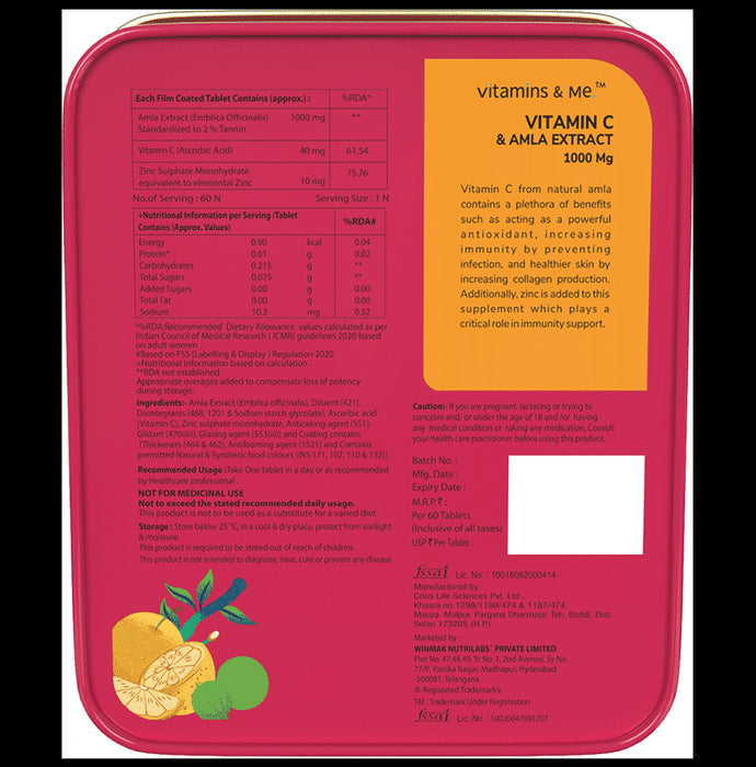Vitamins & Me Vitamin C, Amla Extract 1000mg & Zinc Tablet