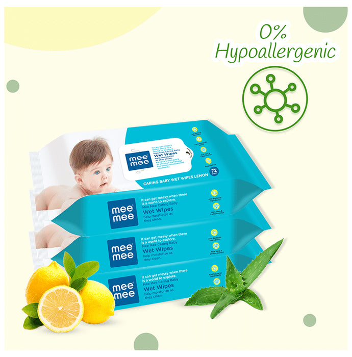 Mee Mee Caring Baby Wet Wipes with Aloe Vera & Lemon Extract (72 Each) - Classic Derma