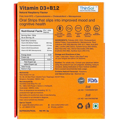 Slip Slip's Vitamin B3 + B12 Vegan Oral Strip Supports Immunity, Bone & Muscle Strength and Cardiac Care Natural Raspberry