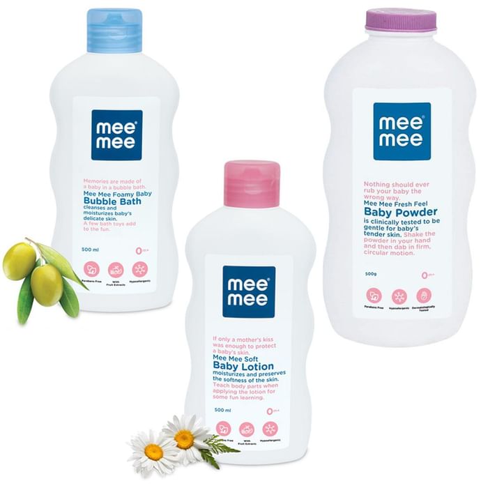 Mee Mee Combo Pack of Baby Bubble Bath 500ml, Baby Lotion 500ml and Baby Powder 500gm with Fruit Extracts - Classic Derma
