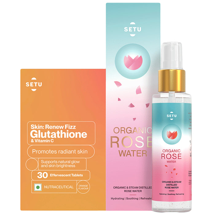 Setu Combo Pack of Organic Rose Water (100ml) & Skin: Renew Fizz Glutathione & Vitamin C Effervescent Tablets (30 Each) - Classic Derma