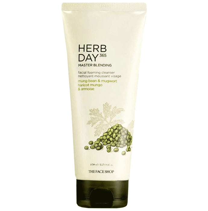 The Face Shop Herb Day 365 Foaming Cleanser - Mungbean & Mugwort, Face Wash For Pore Cleansing & Blackhead Removal - Classic Derma