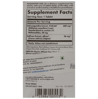 Solgar Ashwagandha & Saffron Stress & Anxiety Relief Tablet