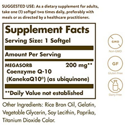 Solgar Megasorb CoQ 10 200mg Softgel | For Healthy Heart & Energy | Gluten & Dairy-Free