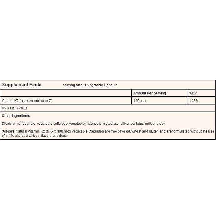 Solgar Natural Vitamin K2 (MK-7) 100mcg Vegetable Capsule