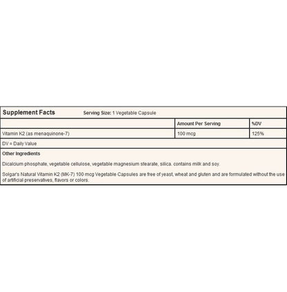 Solgar Natural Vitamin K2 (MK-7) 100mcg Vegetable Capsule