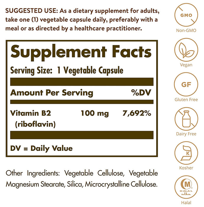 Solgar Vitamin B2 (Riboflavin) 100mg Vegetable Capsule