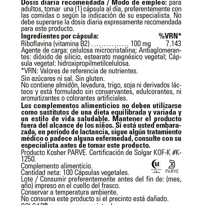 Solgar Vitamin B2 (Riboflavin) 100mg Vegetable Capsule