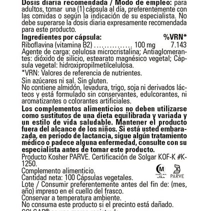 Solgar Vitamin B2 (Riboflavin) 100mg Vegetable Capsule