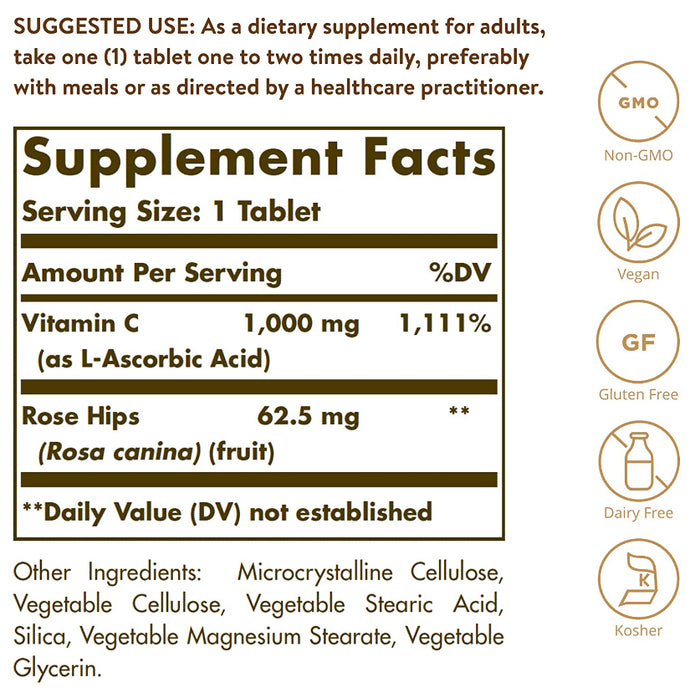 Solgar Vitamin C 1000mg with Rose Hips for Antioxidant & Immune Support | Tablet