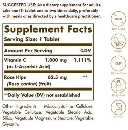 Solgar Vitamin C 1000mg with Rose Hips for Antioxidant & Immune Support | Tablet