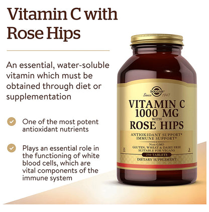 Solgar Vitamin C 1000mg with Rose Hips for Antioxidant & Immune Support | Tablet
