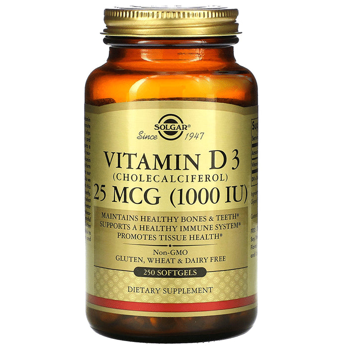 Solgar Vitamin D3 (Cholecalciferol) 1000IU | Softgel for Bones, Teeth, Immunity & Tissue Health - Classic Derma
