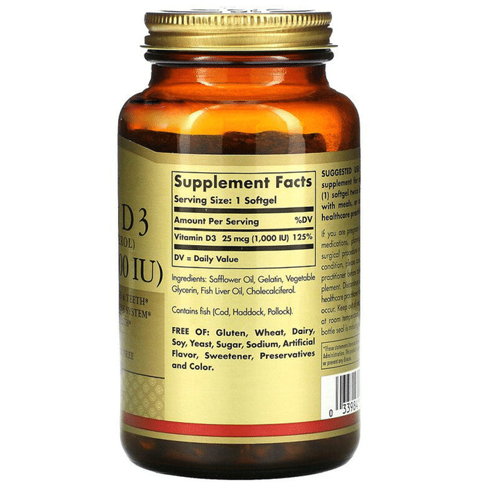 Solgar Vitamin D3 (Cholecalciferol) 1000IU | Softgel for Bones, Teeth, Immunity & Tissue Health