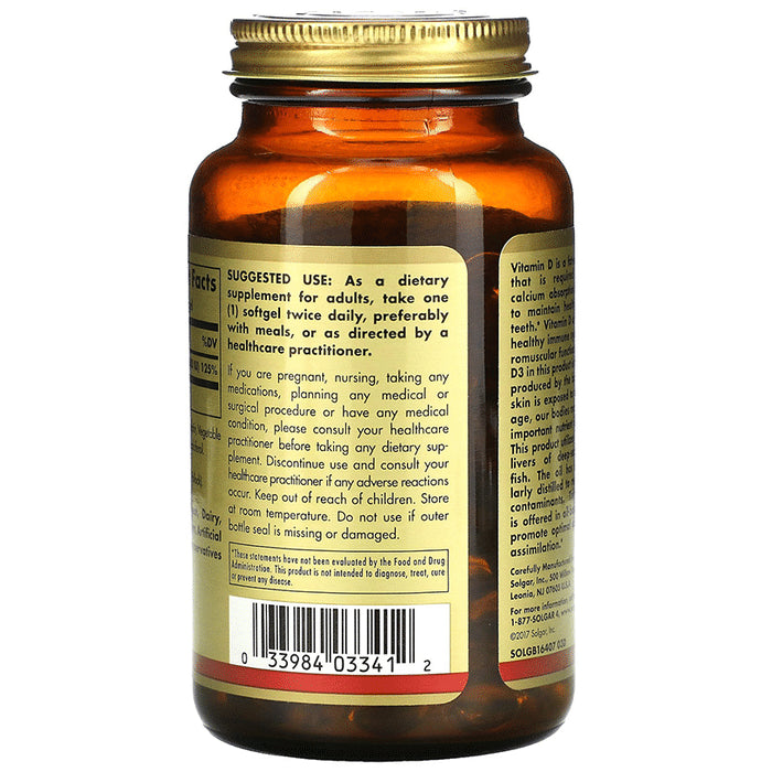 Solgar Vitamin D3 (Cholecalciferol) 1000IU | Softgel for Bones, Teeth, Immunity & Tissue Health