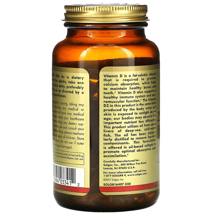 Solgar Vitamin D3 (Cholecalciferol) 1000IU | Softgel for Bones, Teeth, Immunity & Tissue Health