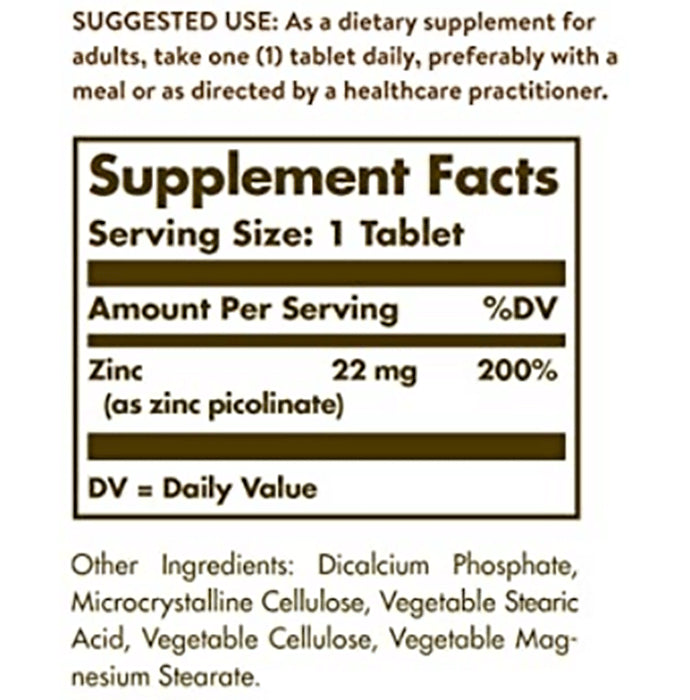 Solgar Zinc Picolinate 22mg with Antioxidants | For Skin & Immune Support | Tablet